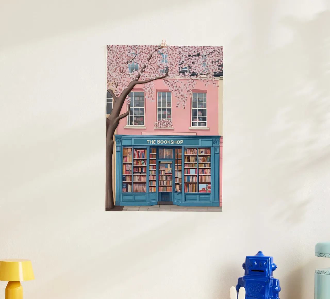 Illustrazione di una libreria di charme con fiori di ciliegio poster da vintagepod
