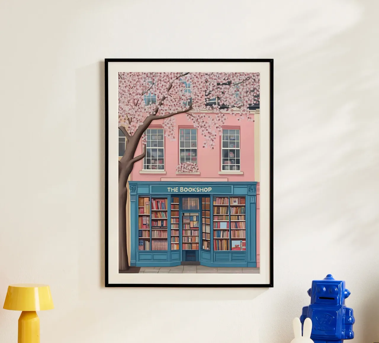 Illustrazione di una libreria di charme con fiori di ciliegio poster da vintagepod