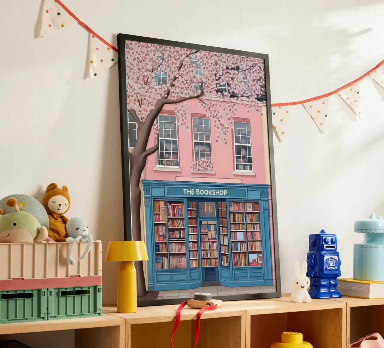 Illustrazione di una libreria di charme con fiori di ciliegio poster da vintagepod