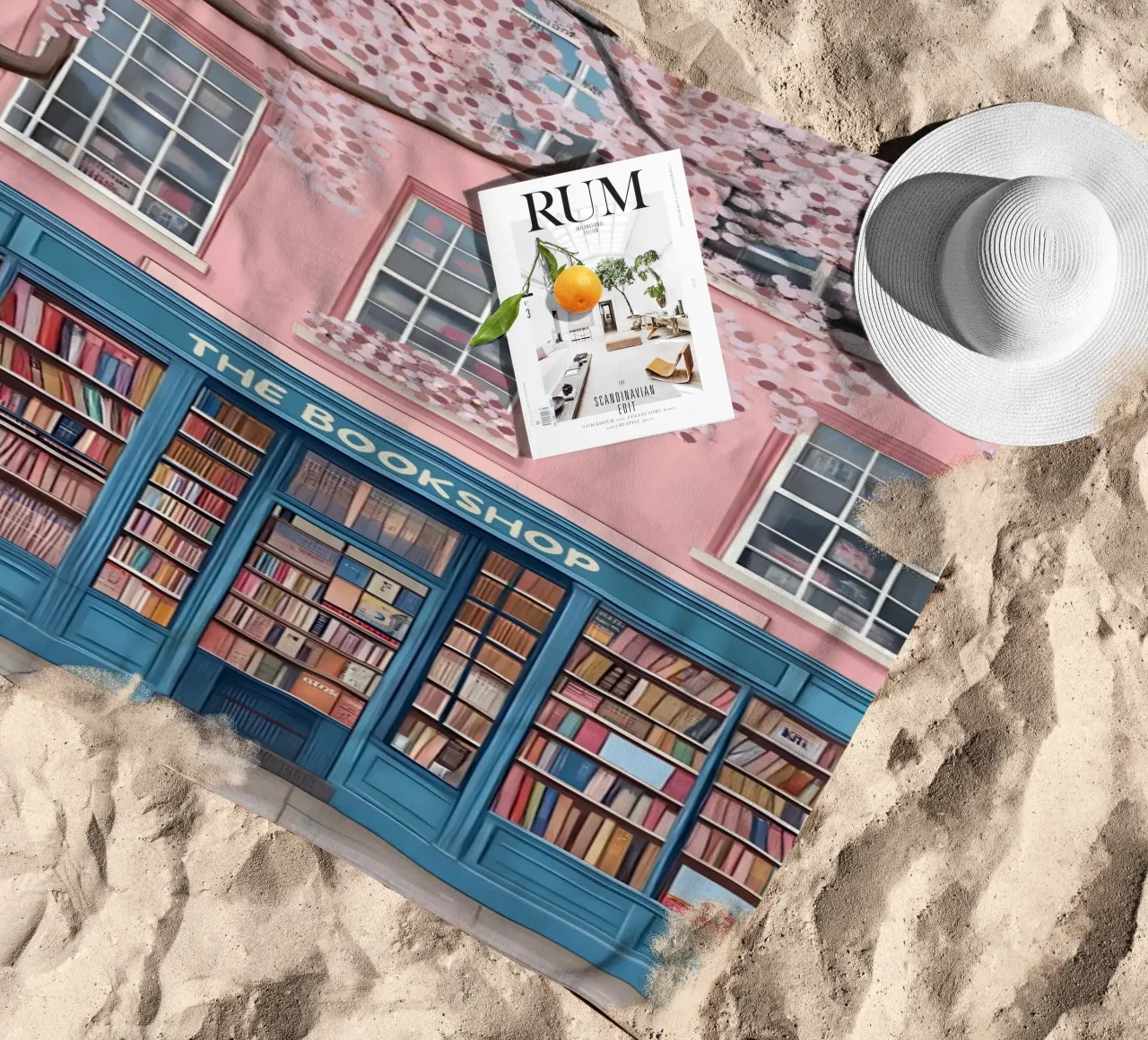 Illustrazione di una libreria di charme con fiori di ciliegio telo mare da vintagepod