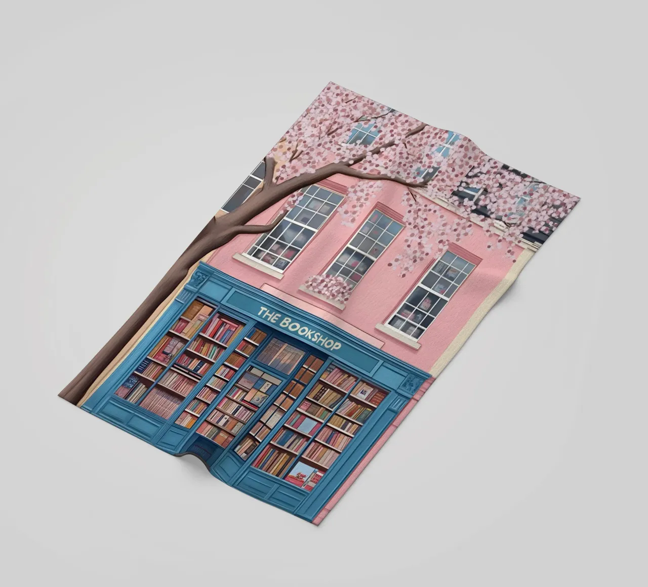 Illustrazione di una libreria di charme con fiori di ciliegio telo mare da vintagepod