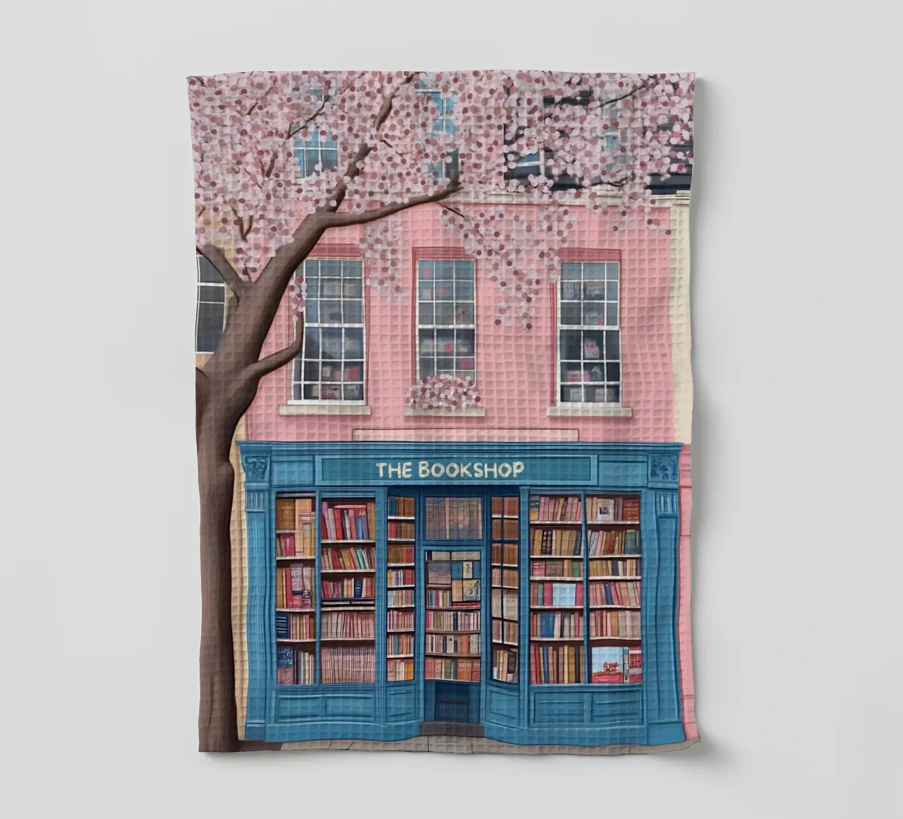 Illustrazione di una libreria di charme con fiori di ciliegio canovaccio da cucina da vintagepod