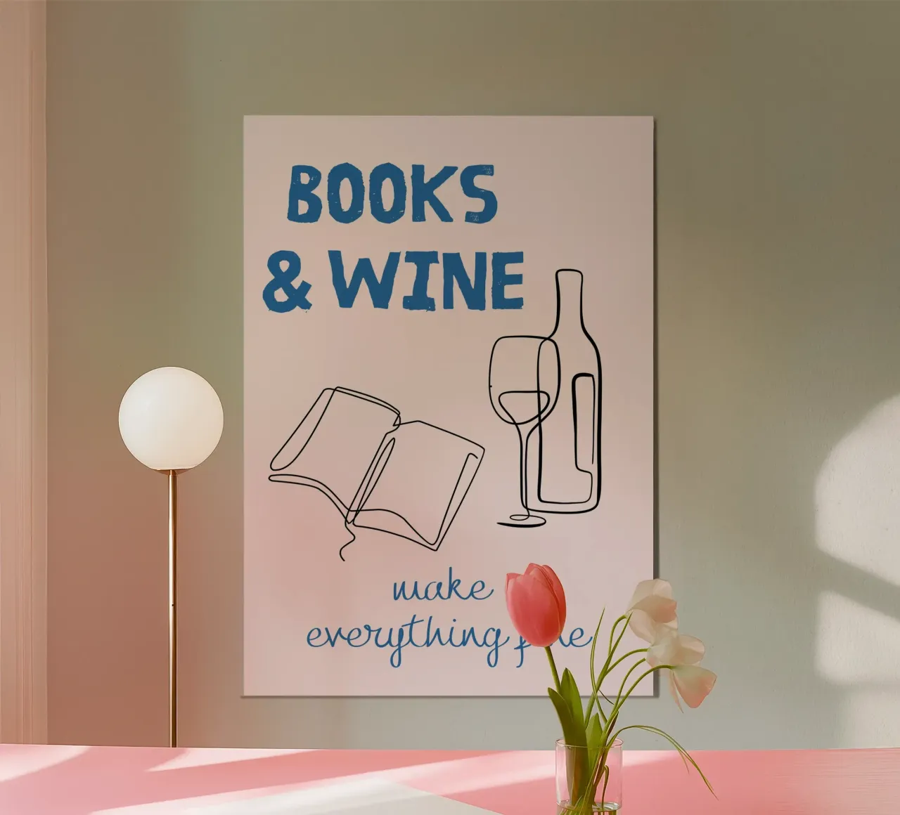 Bücher & Wein - Minimalistisches Line Art Poster Poster von vintagepod