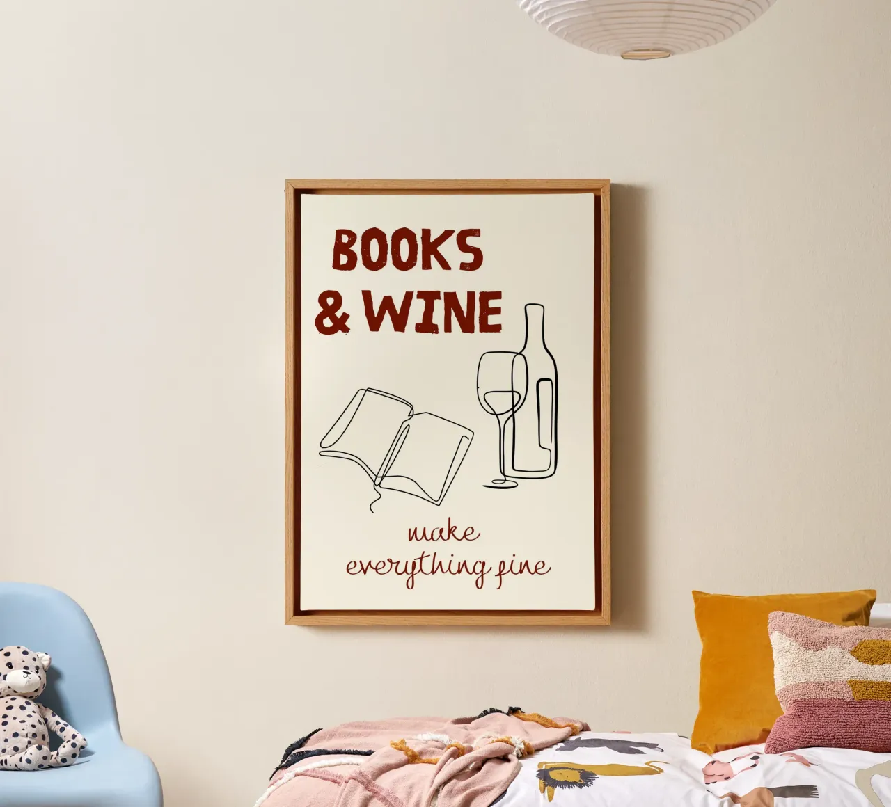 Books & Wine - Line Art Quote Print canvas with Floater frame by vintagepod