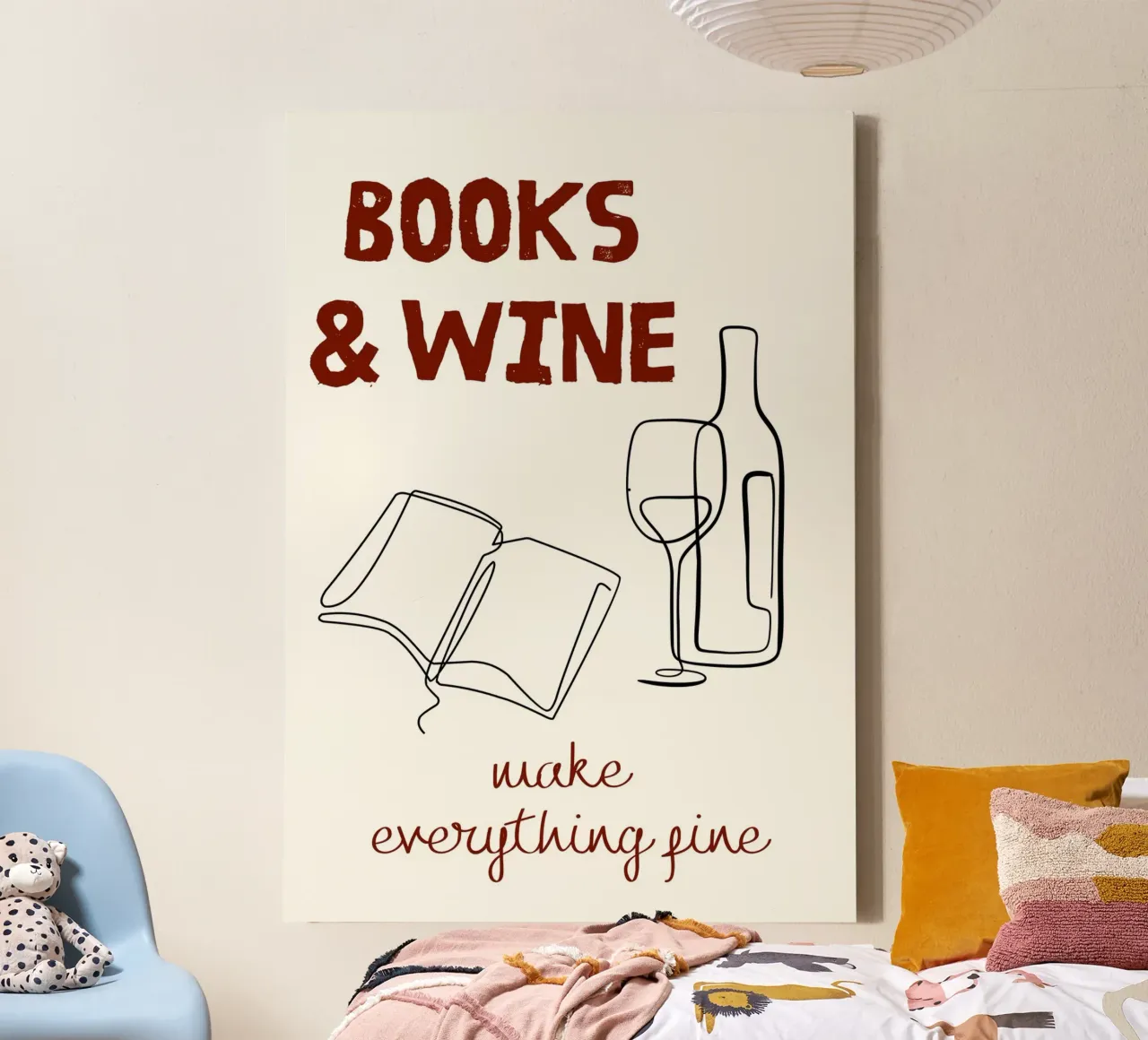 Books & Wine - Line Art Quote Print canvas with Floater frame by vintagepod
