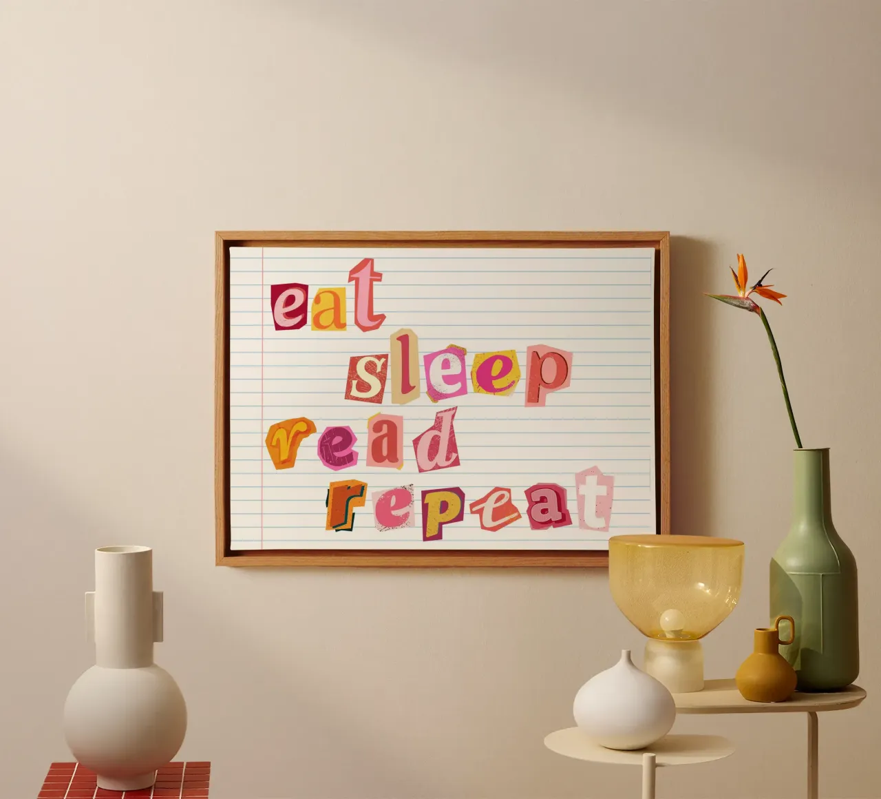 "Eat Sleep Read Repeat" Cutout Typography Poster canvas with Floater frame by vintagepod