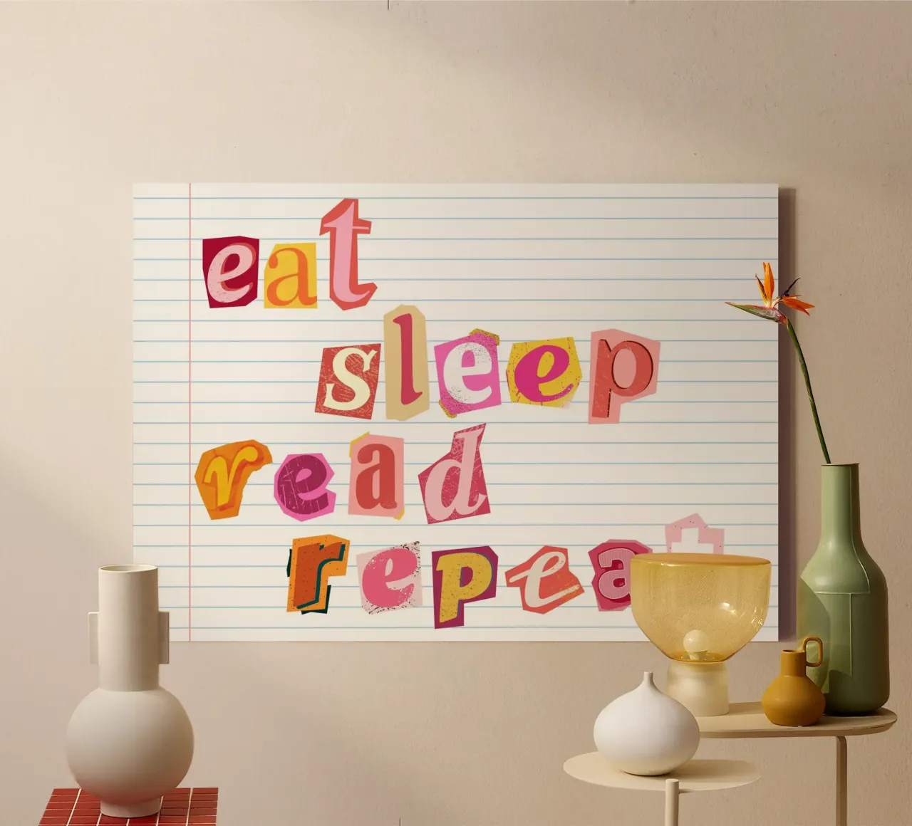 "Eat Sleep Read Repeat" Cutout Typography Poster canvas with Floater frame by vintagepod
