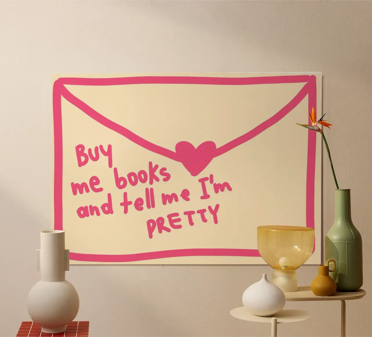 "Poster romantico con busta rosa "Comprami dei libri poster con telaio in legno da vintagepod