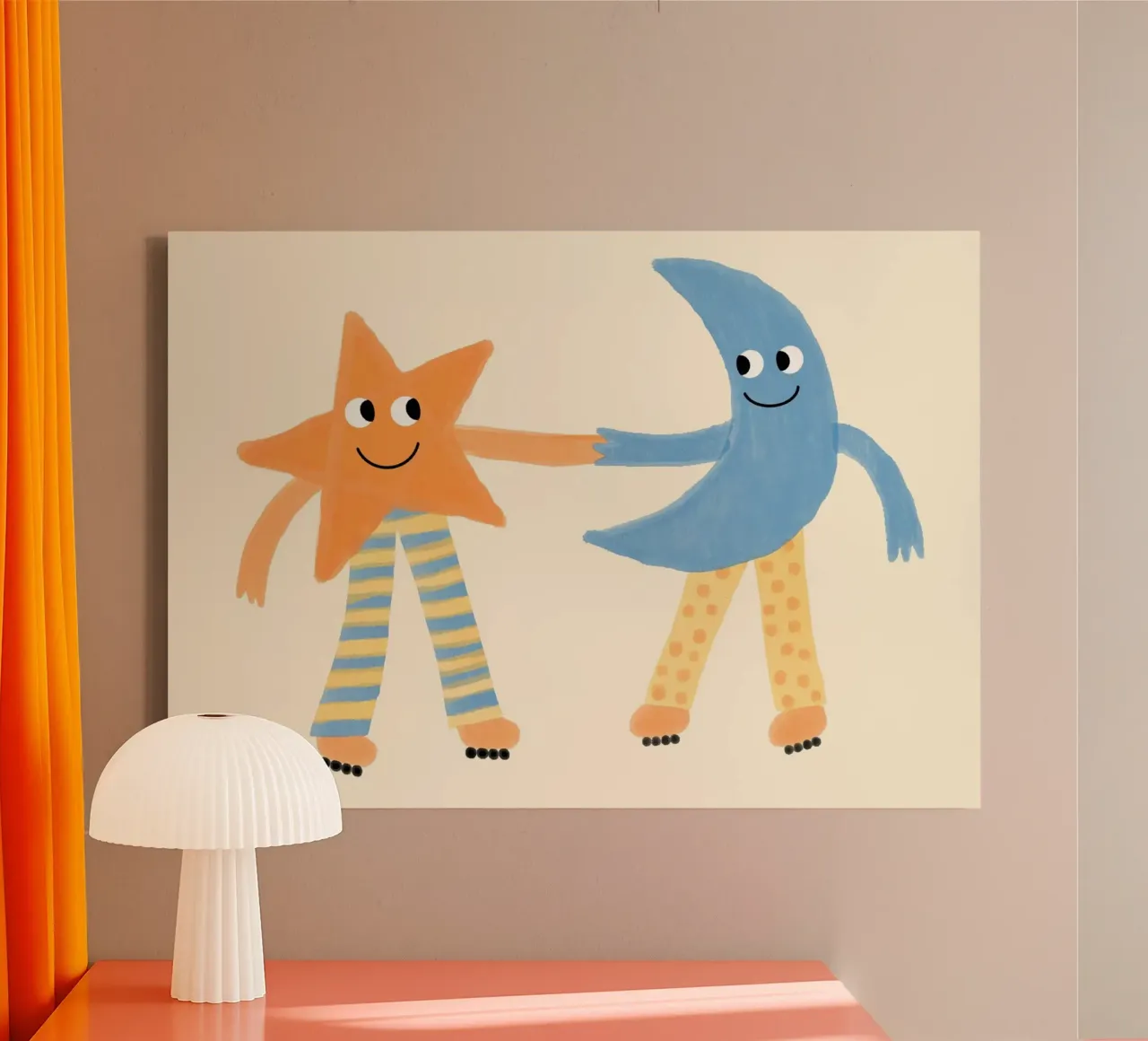 Simpatica stampa artistica per bambini sull'amicizia tra stella e luna tela con Cornice a cassetta da vintagepod