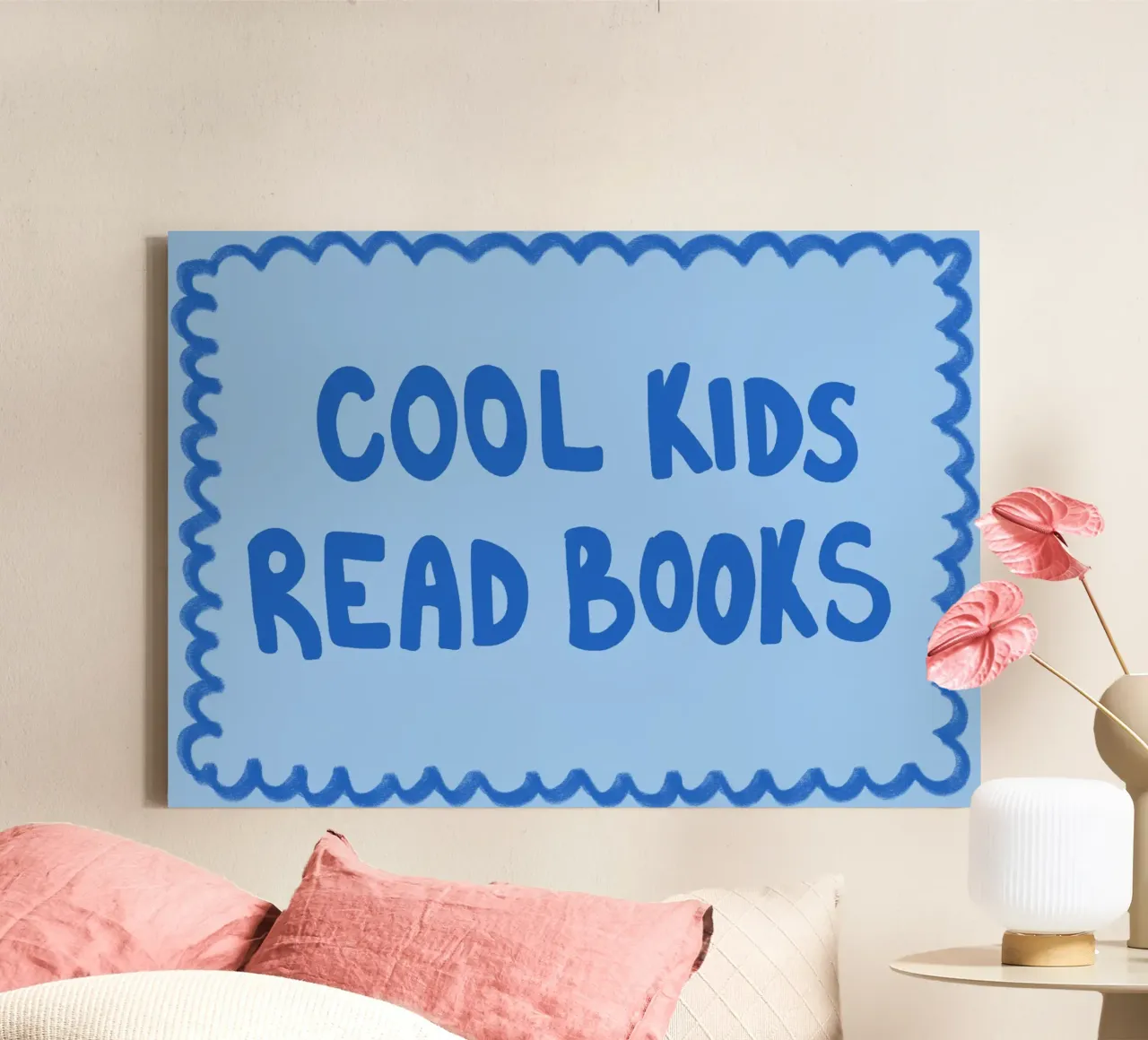 "Cool Kids Read Books" Blue Wavy Border Poster canvas with Floater frame by vintagepod