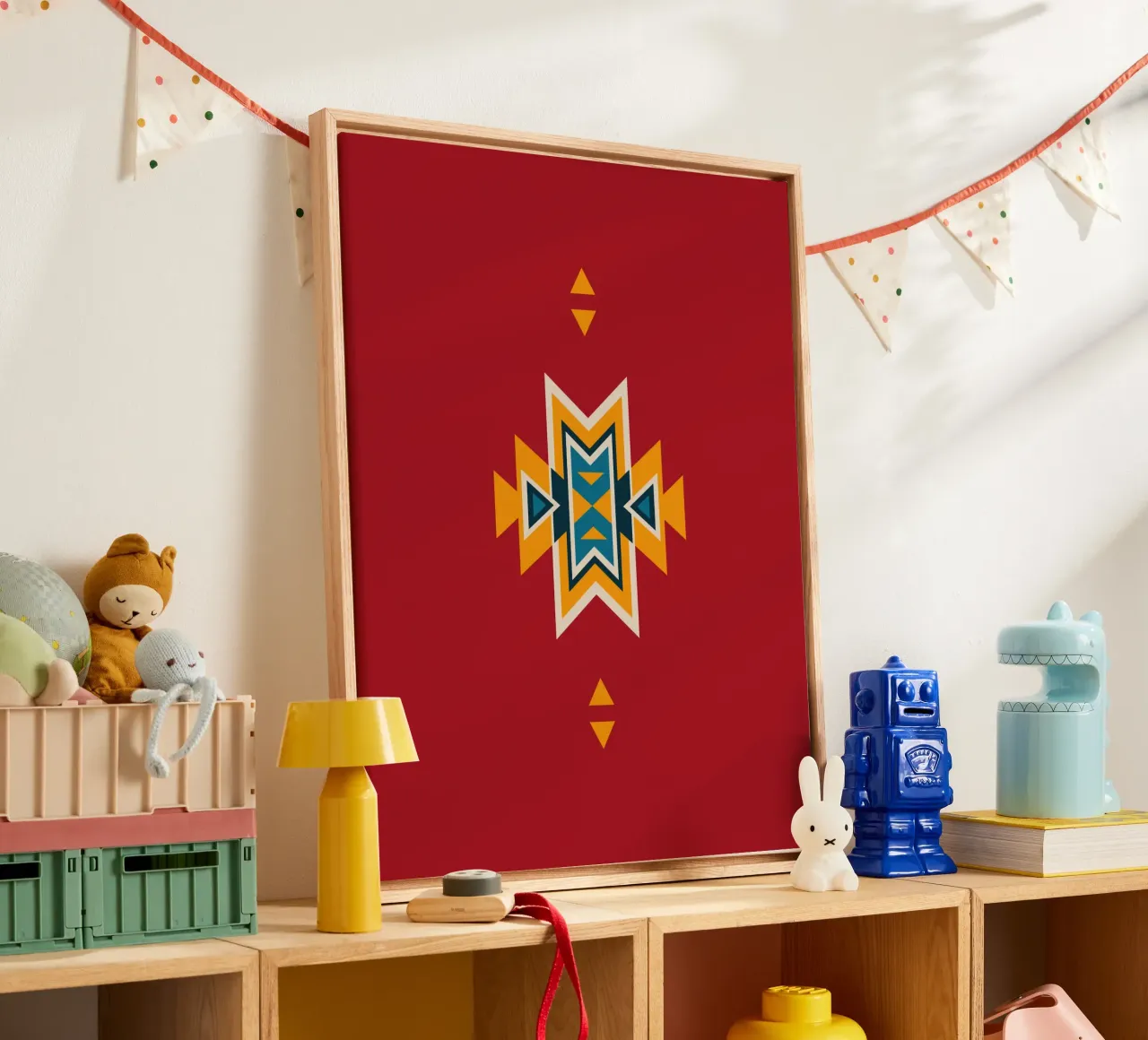Aztec Pattern on Red canvas with Floater frame by Petra Lang