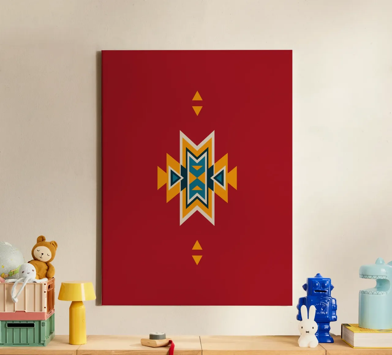 Aztec Pattern on Red canvas with Floater frame by Petra Lang