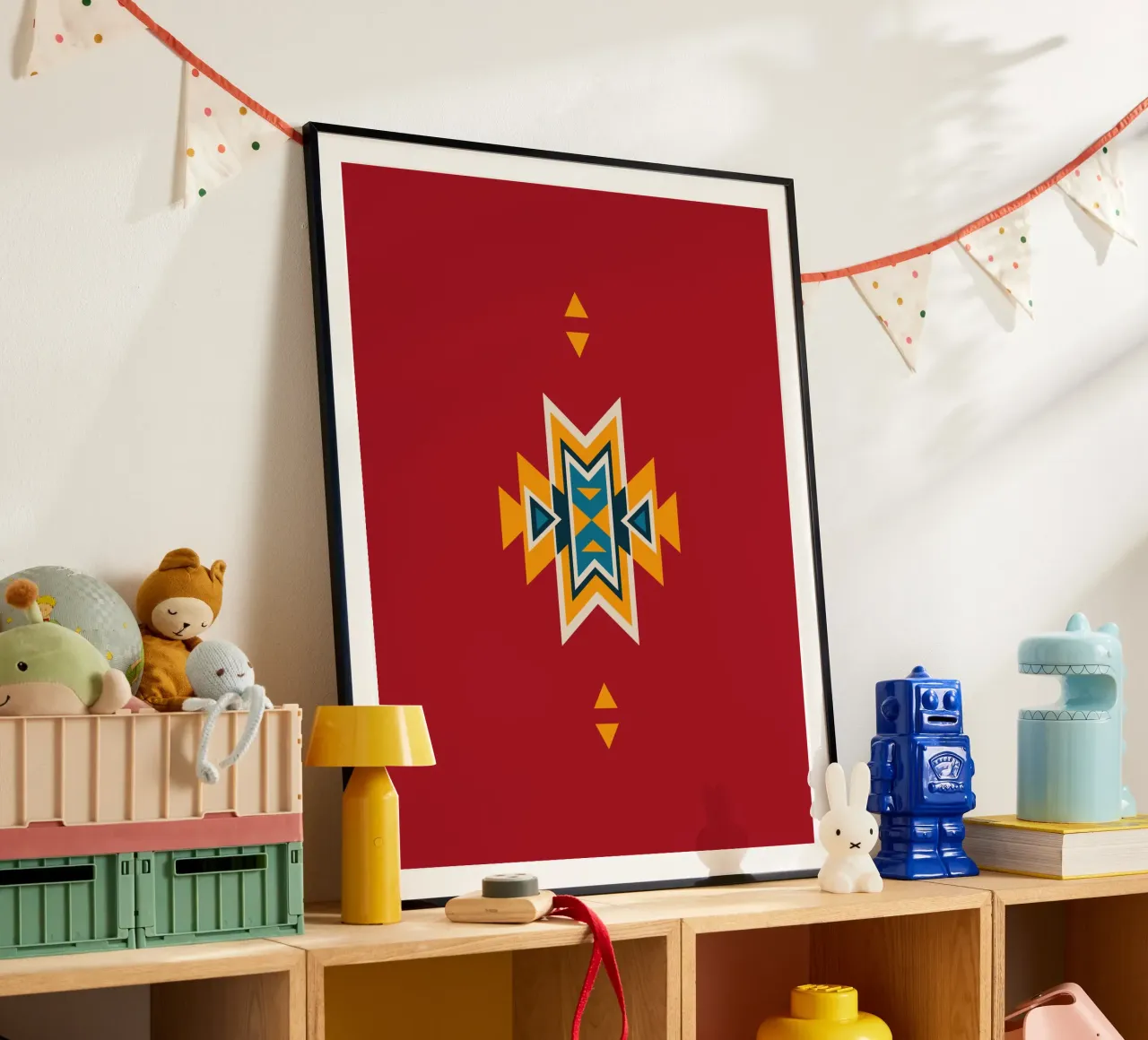 Aztec Pattern on Red poster with plastic frame by Petra Lang