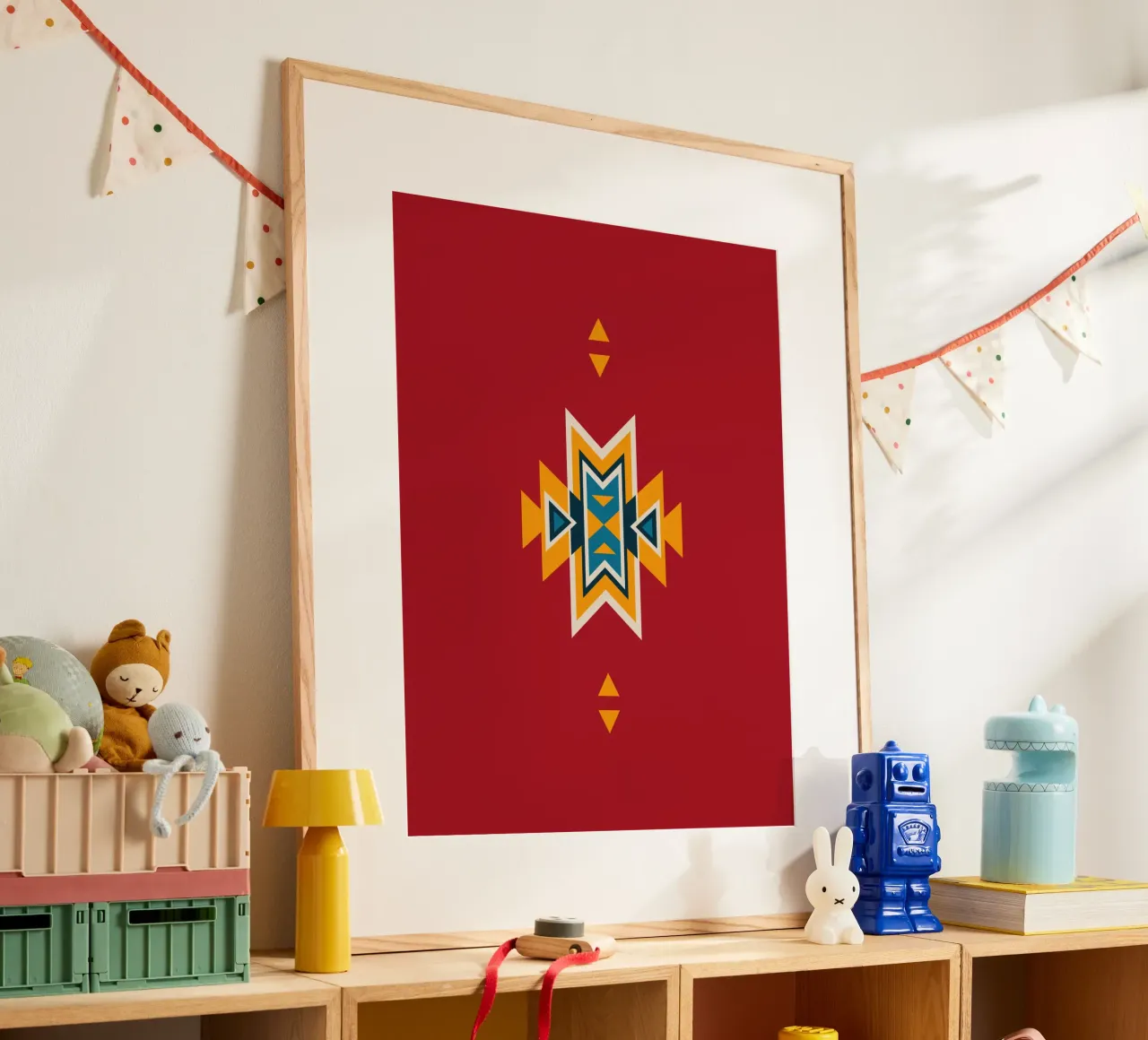 Aztec Pattern on Red poster with plastic frame by Petra Lang