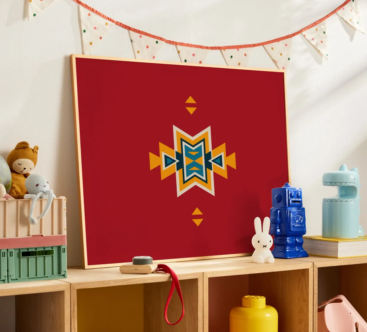 Aztec Pattern on Red poster with plastic frame by Petra Lang