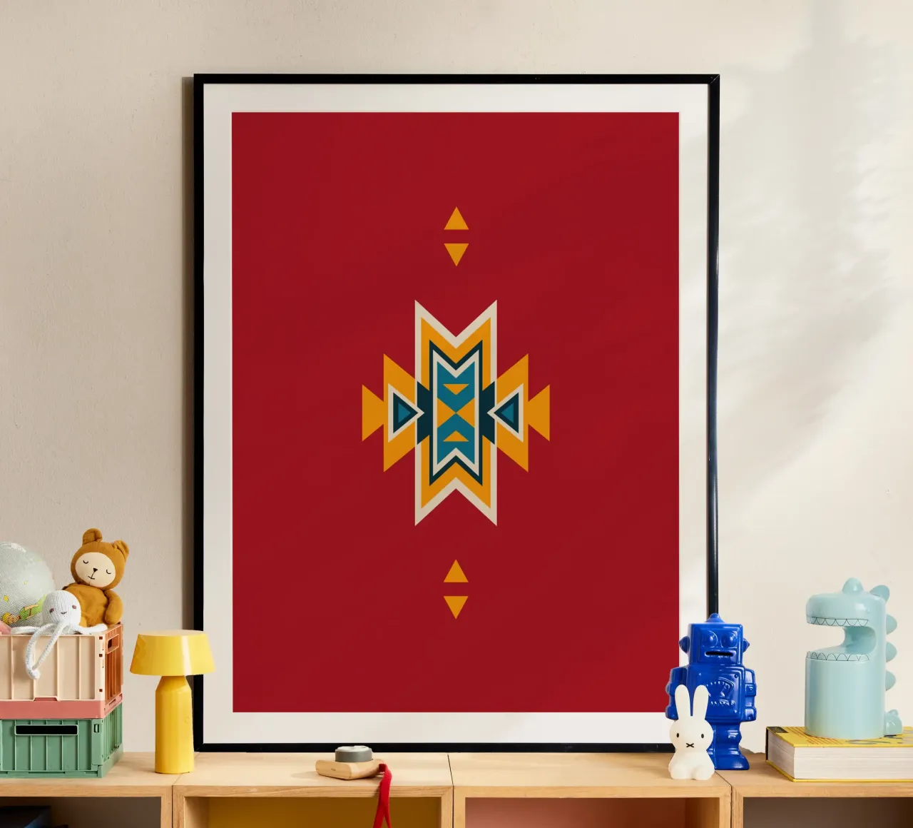 Aztec Pattern on Red poster with plastic frame by Petra Lang