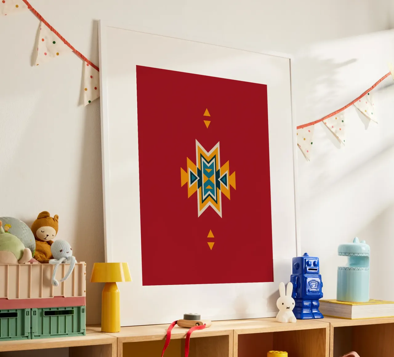 Aztec Pattern on Red poster with plastic frame by Petra Lang