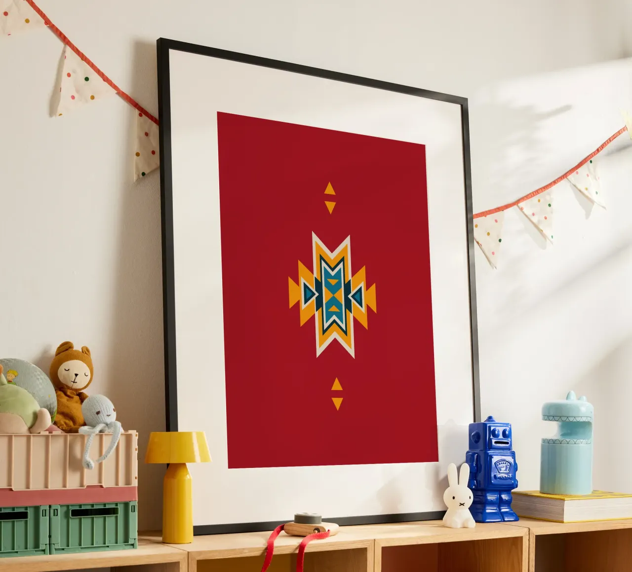 Aztec Pattern on Red poster with plastic frame by Petra Lang