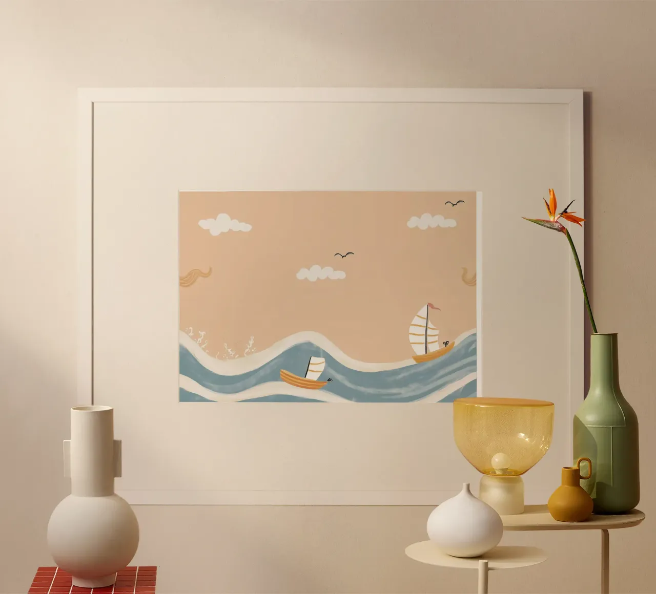Niedliche Segelboote auf gewelltem Meer - Kinderzimmer Kunstdruck Poster mit Kunststoffrahmen von vintagepod