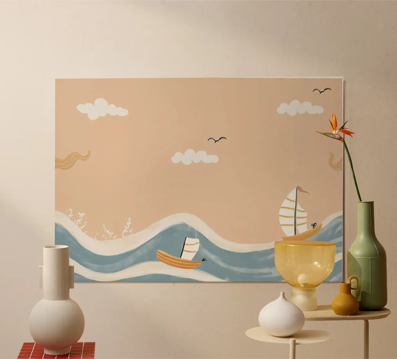 Niedliche Segelboote auf gewelltem Meer - Kinderzimmer Kunstdruck Poster mit Kunststoffrahmen von vintagepod