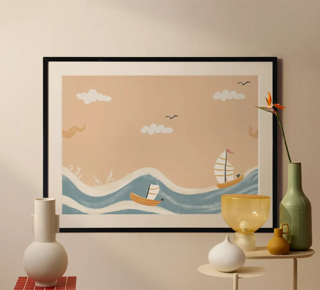 Niedliche Segelboote auf gewelltem Meer - Kinderzimmer Kunstdruck Poster mit Kunststoffrahmen von vintagepod