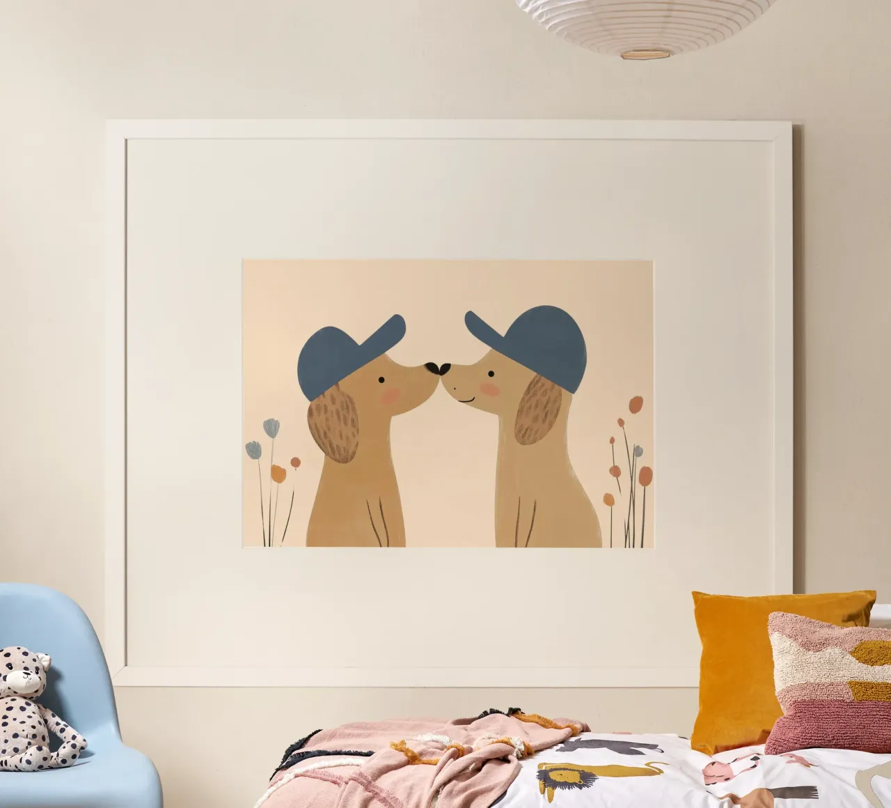 Cani carini con berretto - Stampa d'arte sull'amicizia dei bambini poster con telaio in legno da vintagepod
