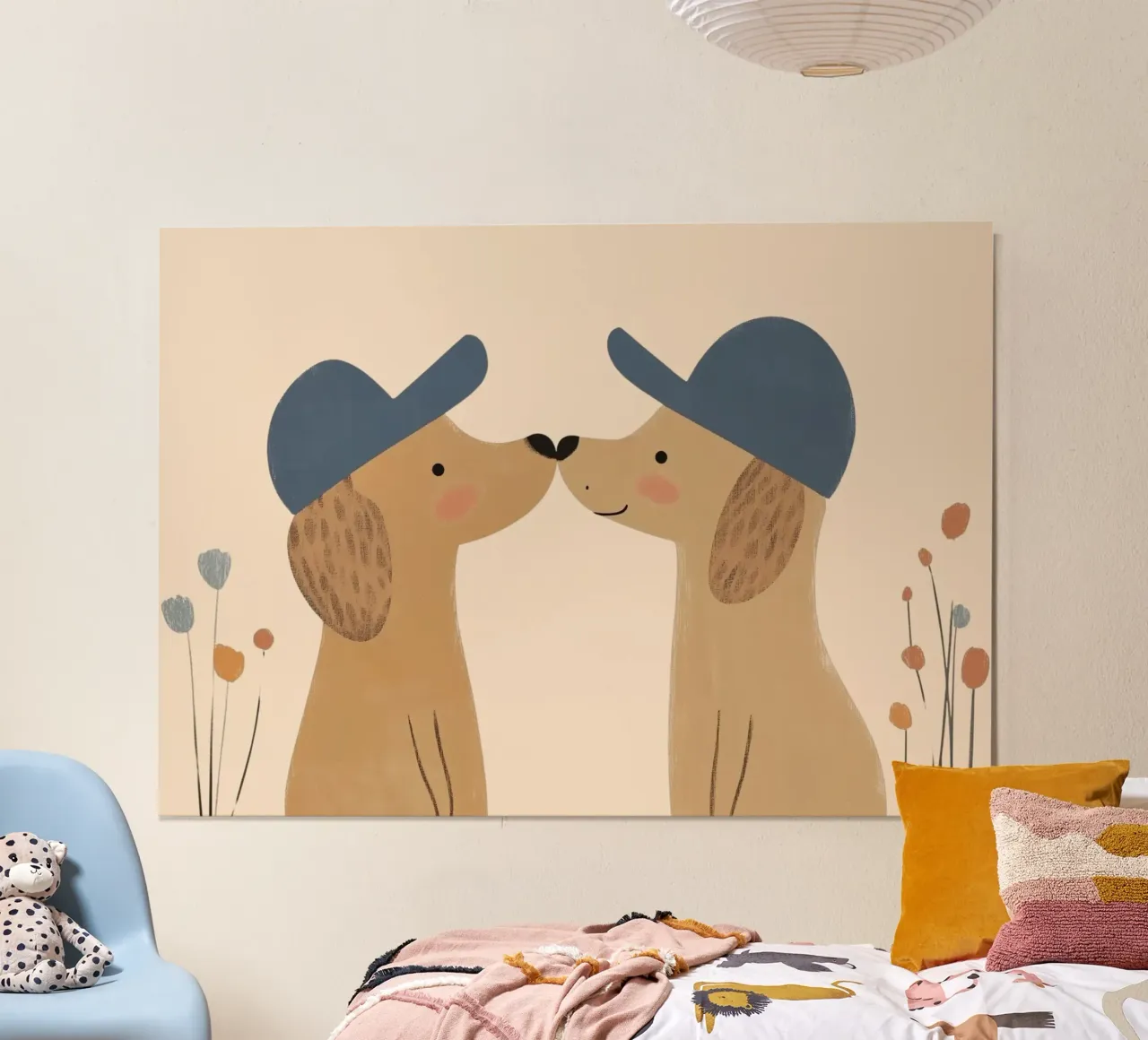 Cani carini con berretto - Stampa d'arte sull'amicizia dei bambini poster con telaio in legno da vintagepod