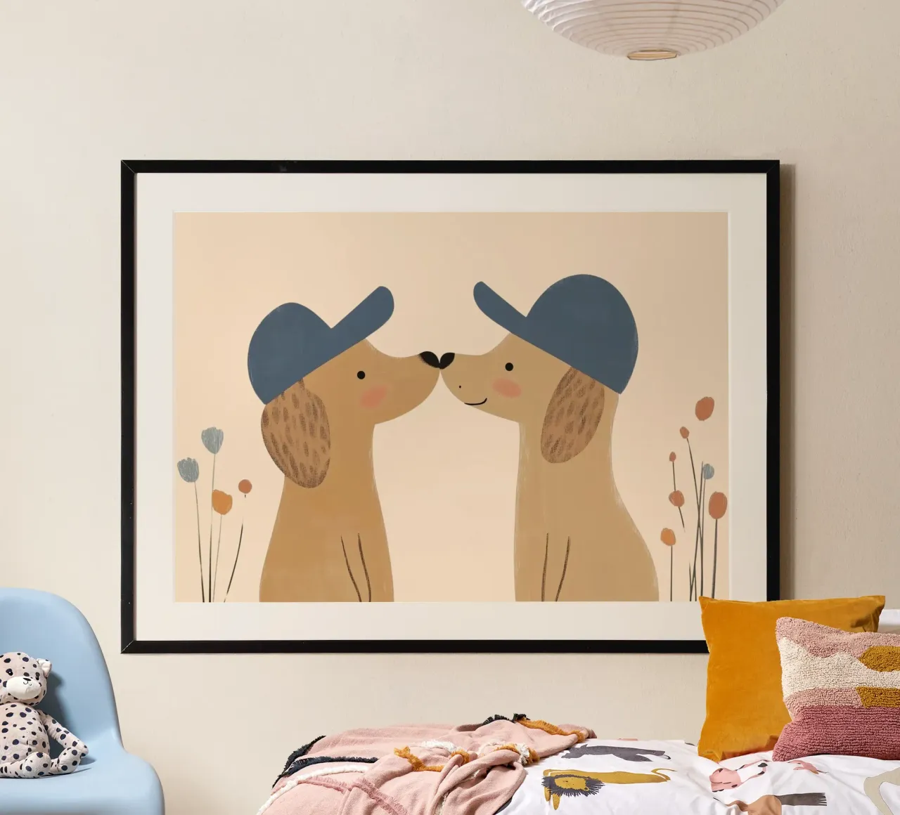 Cani carini con berretto - Stampa d'arte sull'amicizia dei bambini poster con telaio in legno da vintagepod