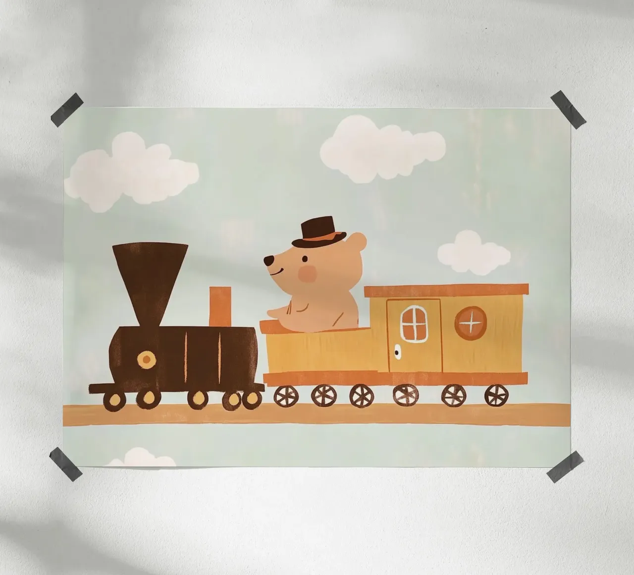 Simpatico orso sul treno - Stampa artistica per bambini poster con telaio in alluminio da vintagepod
