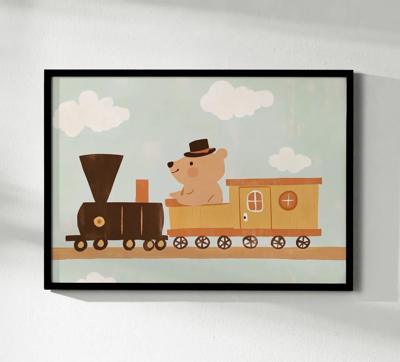 Simpatico orso sul treno - Stampa artistica per bambini poster con telaio in alluminio da vintagepod