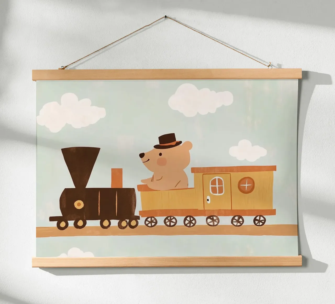 Simpatico orso sul treno - Stampa artistica per bambini poster con telaio in alluminio da vintagepod