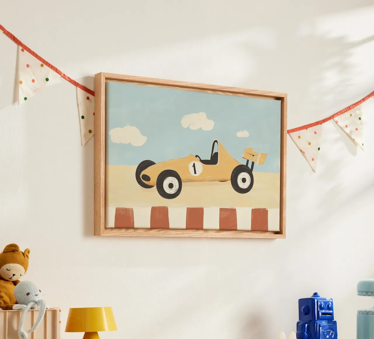 Retro Race Car - Whimsical Kids' Art Print canvas with Floater frame by vintagepod