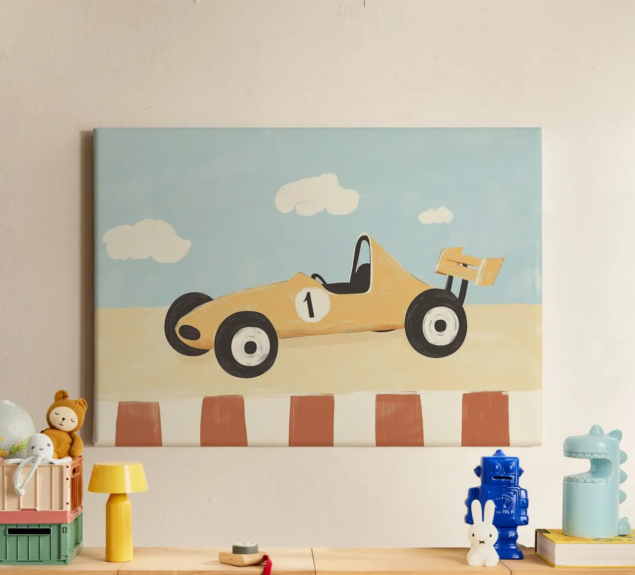 Retro Race Car - Whimsical Kids' Art Print canvas with Floater frame by vintagepod
