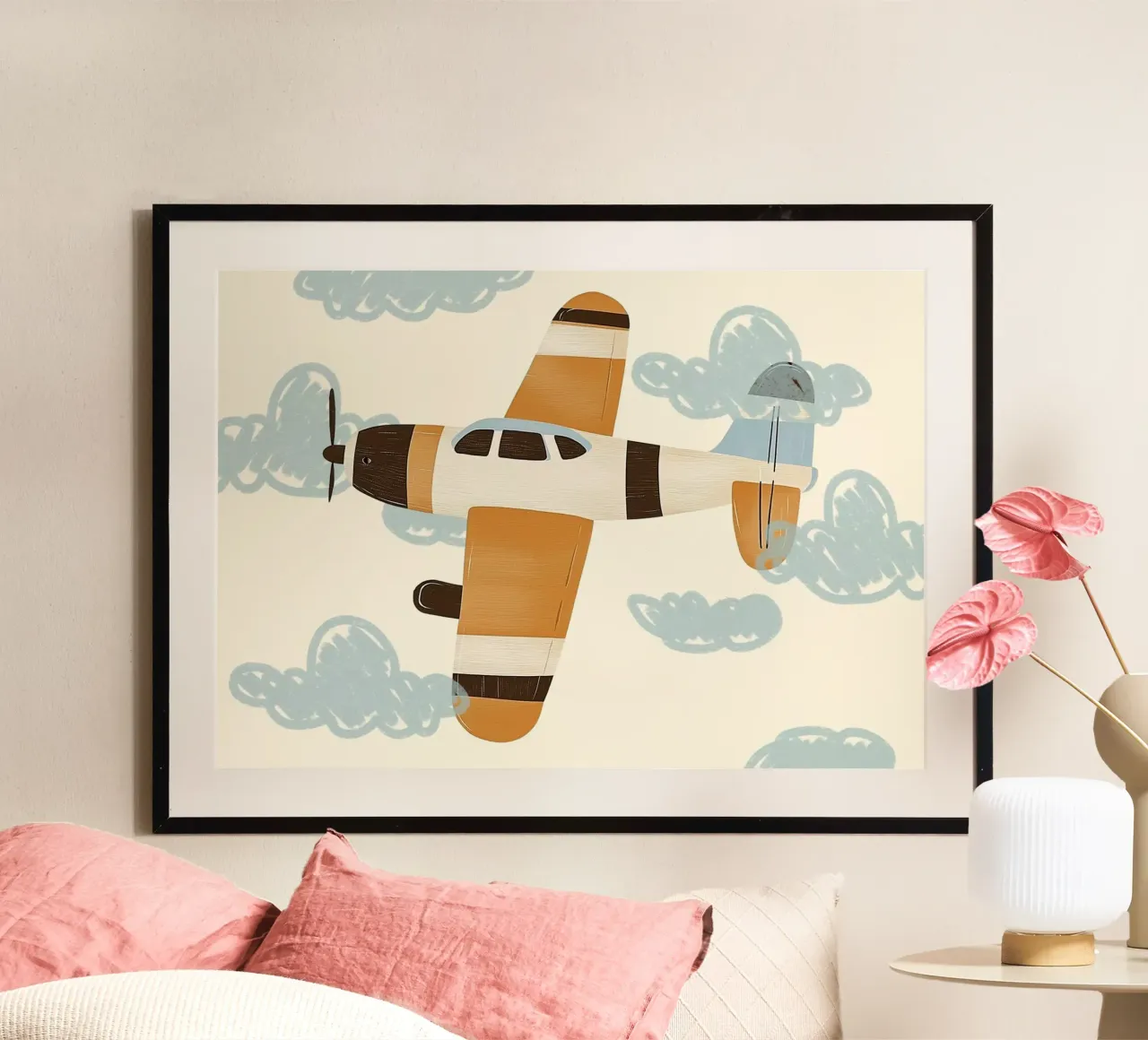 Retro Vliegtuig - Grillige Kinderkunstdruk poster met kunststof frame van vintagepod