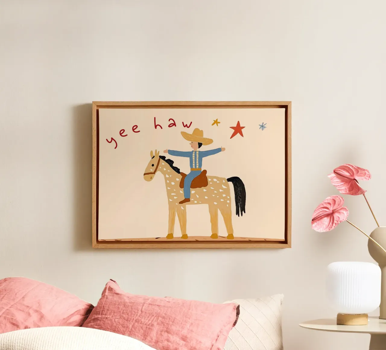 Impresión artística de un vaquero montado a caballo "Yee Haw lienzo con Marco flotante de vintagepod