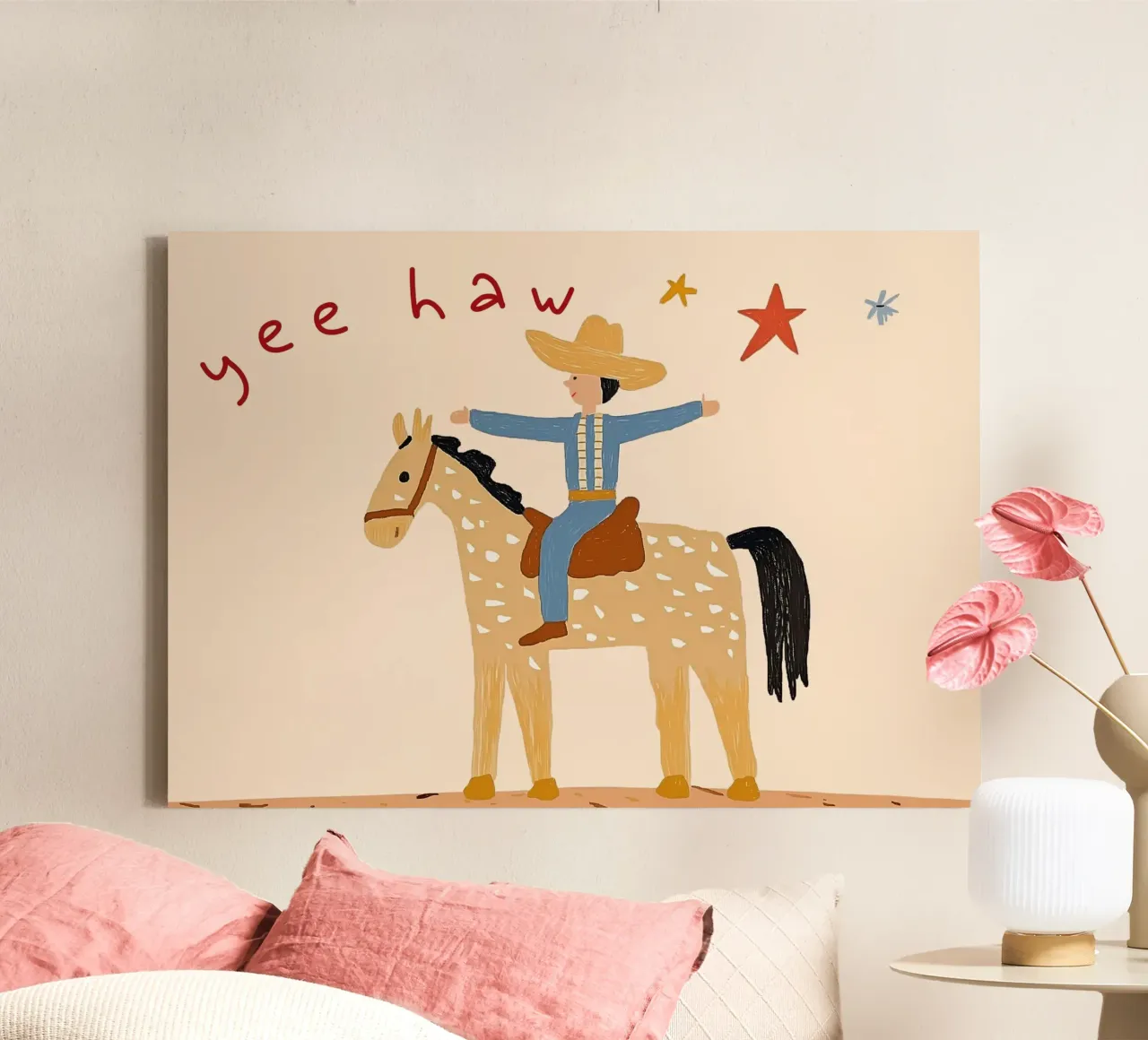 Impresión artística de un vaquero montado a caballo "Yee Haw lienzo con Marco flotante de vintagepod