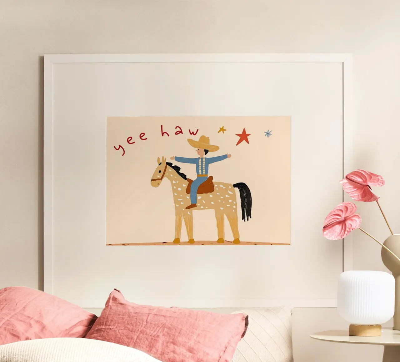 Impresión artística de un vaquero montado a caballo "Yee Haw poster con marco de plástico de vintagepod