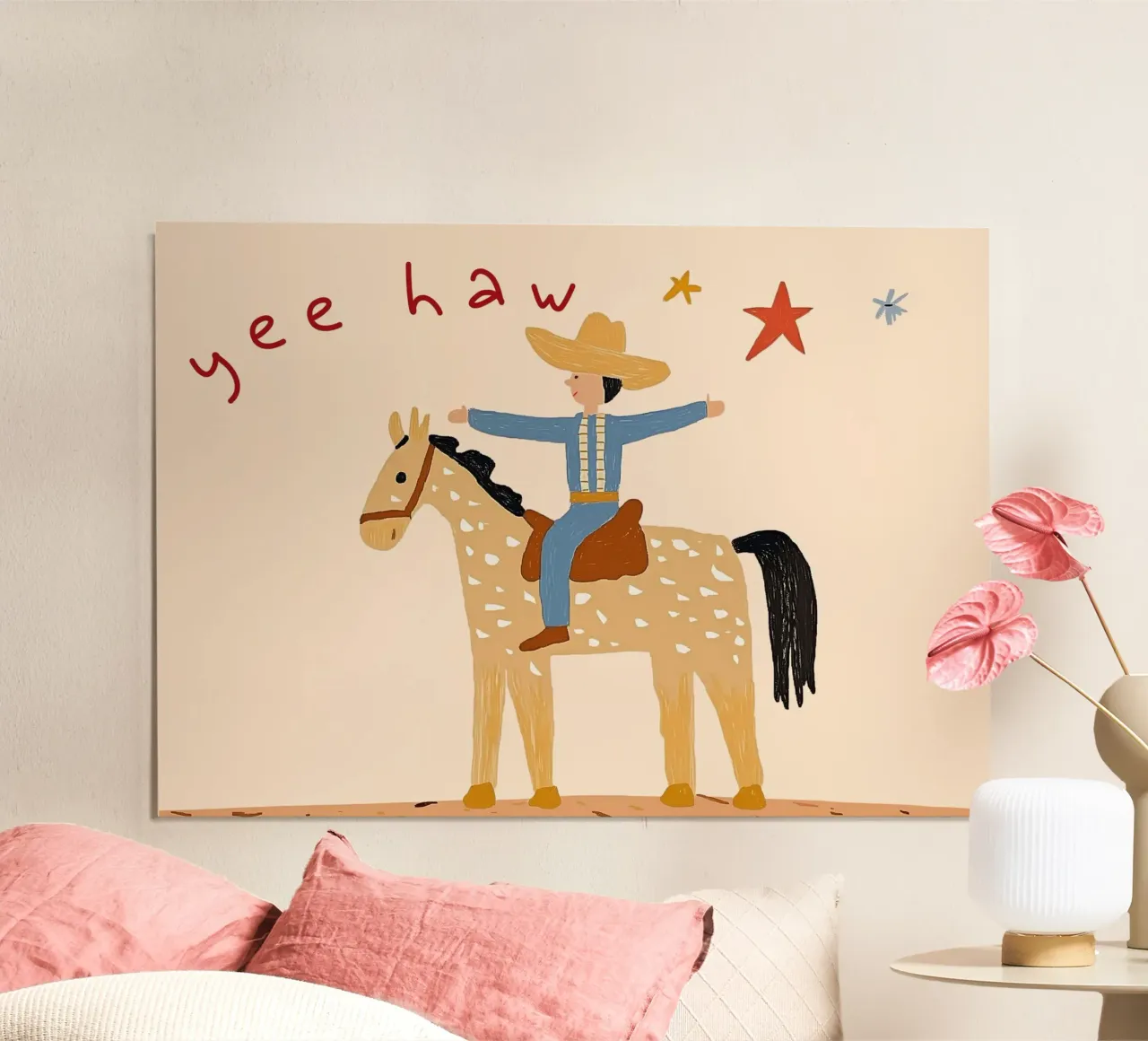 Impresión artística de un vaquero montado a caballo "Yee Haw poster con marco de plástico de vintagepod