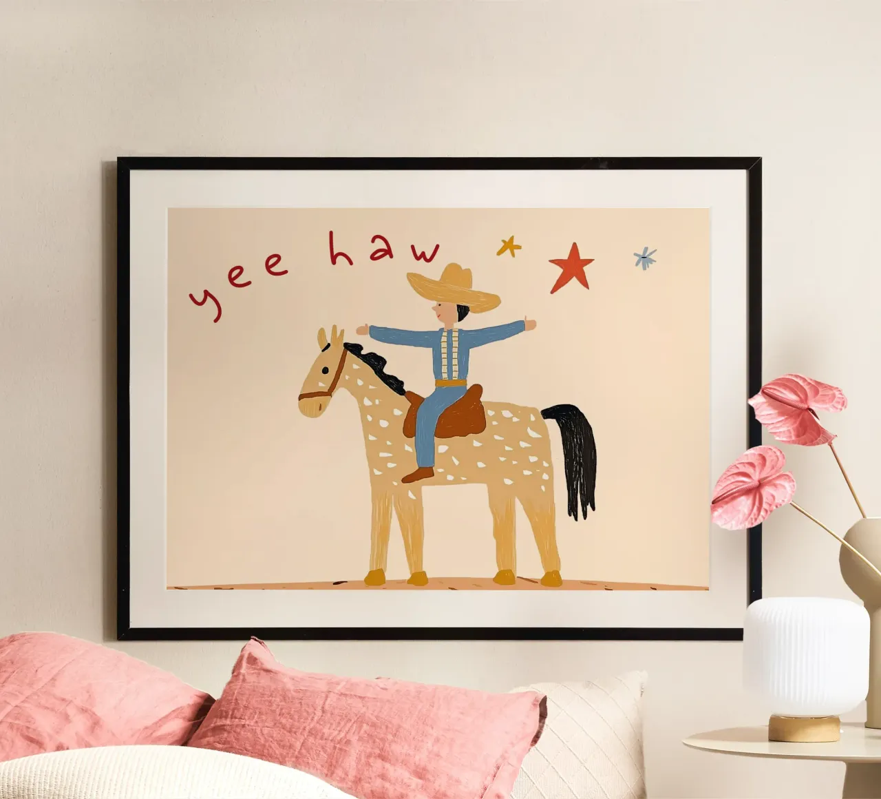 Impresión artística de un vaquero montado a caballo "Yee Haw poster con marco de plástico de vintagepod