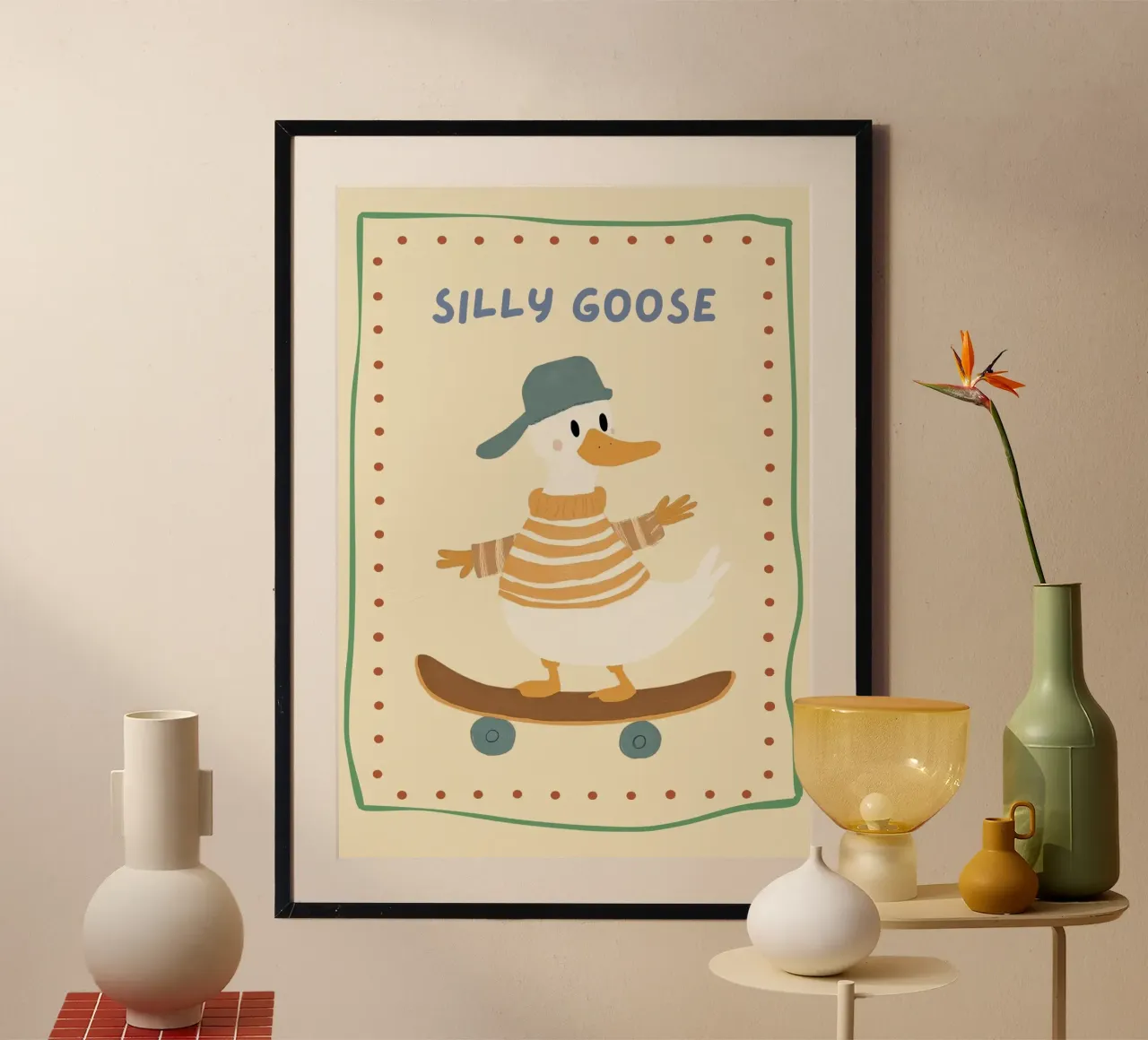 Silly Goose Skateboarder Duck Print - Nursery Art poster with aluminum frame by vintagepod