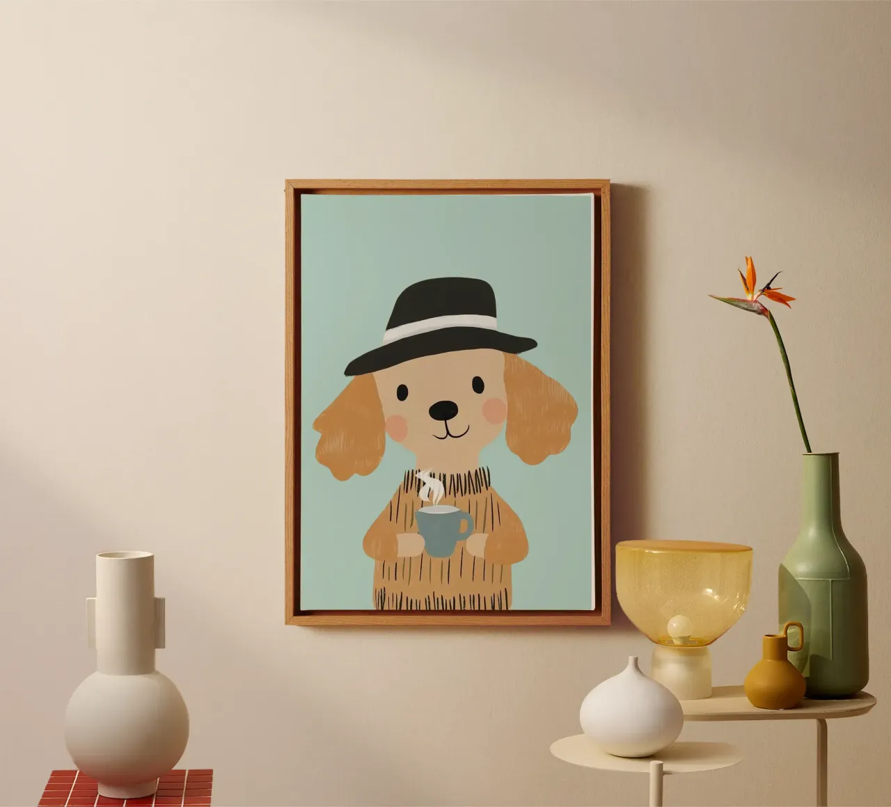 Dog with Hat & Coffee Print - Minimalist Illustration canvas with Floater frame by vintagepod