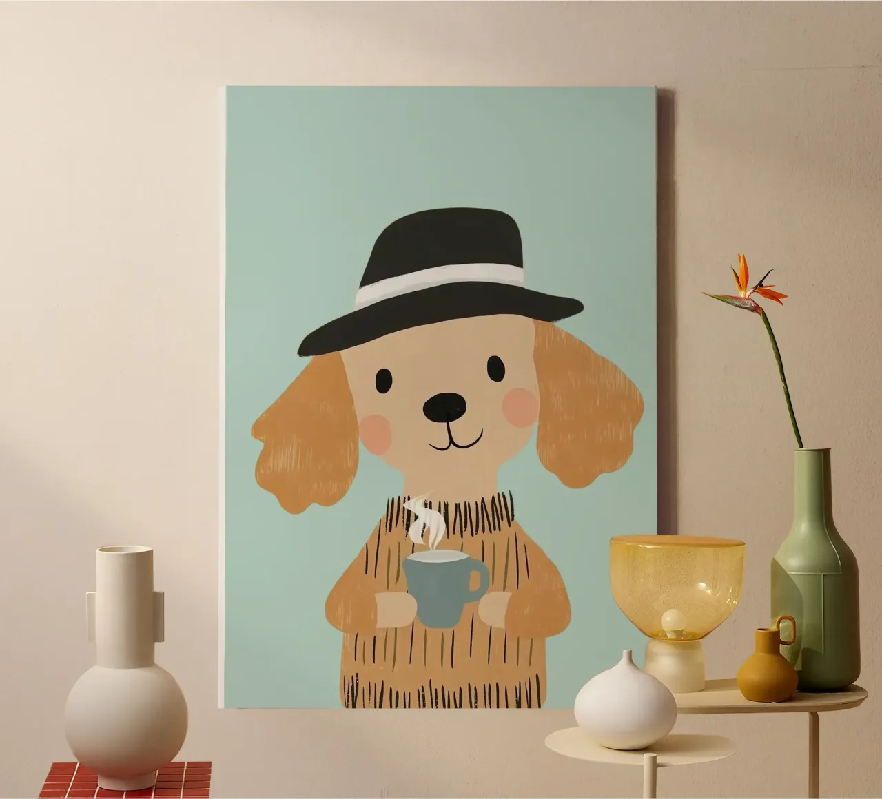 Dog with Hat & Coffee Print - Minimalist Illustration canvas with Floater frame by vintagepod