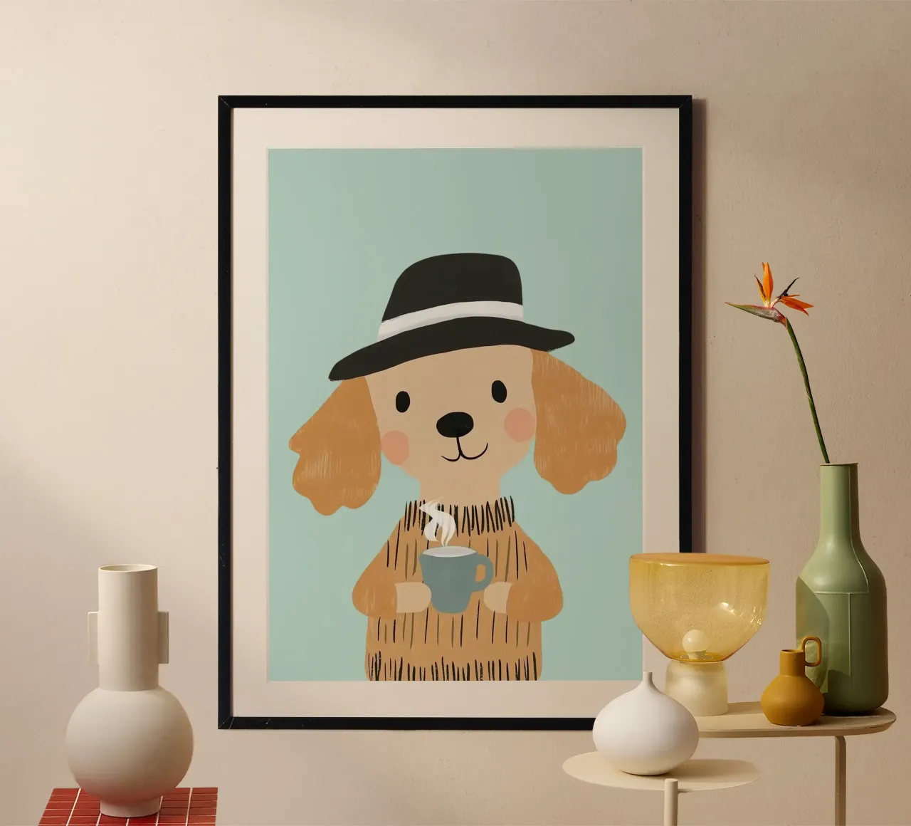 Cane con cappello e caffè - Illustrazione minimalista poster da vintagepod