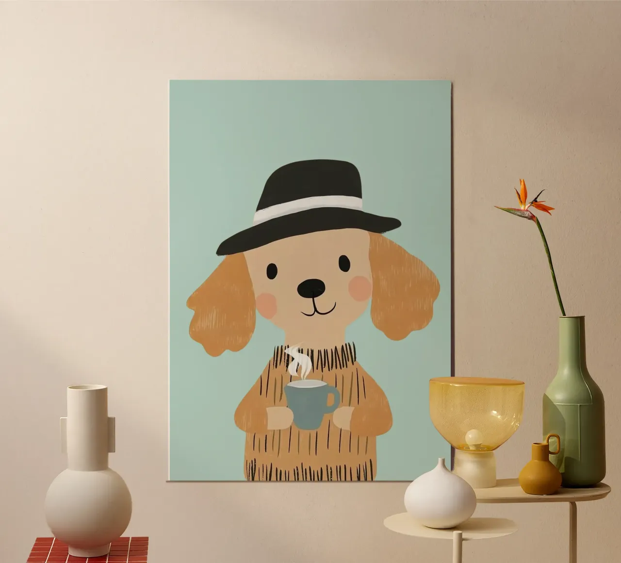 Cane con cappello e caffè - Illustrazione minimalista poster da vintagepod