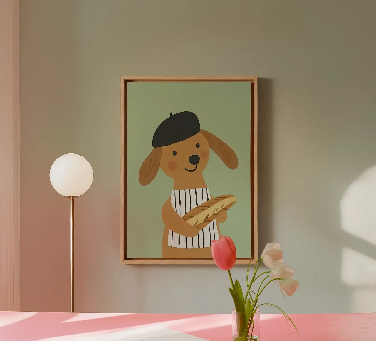 Cane francese con berretto e baguette - Arte minimalista tela con Cornice a cassetta da vintagepod