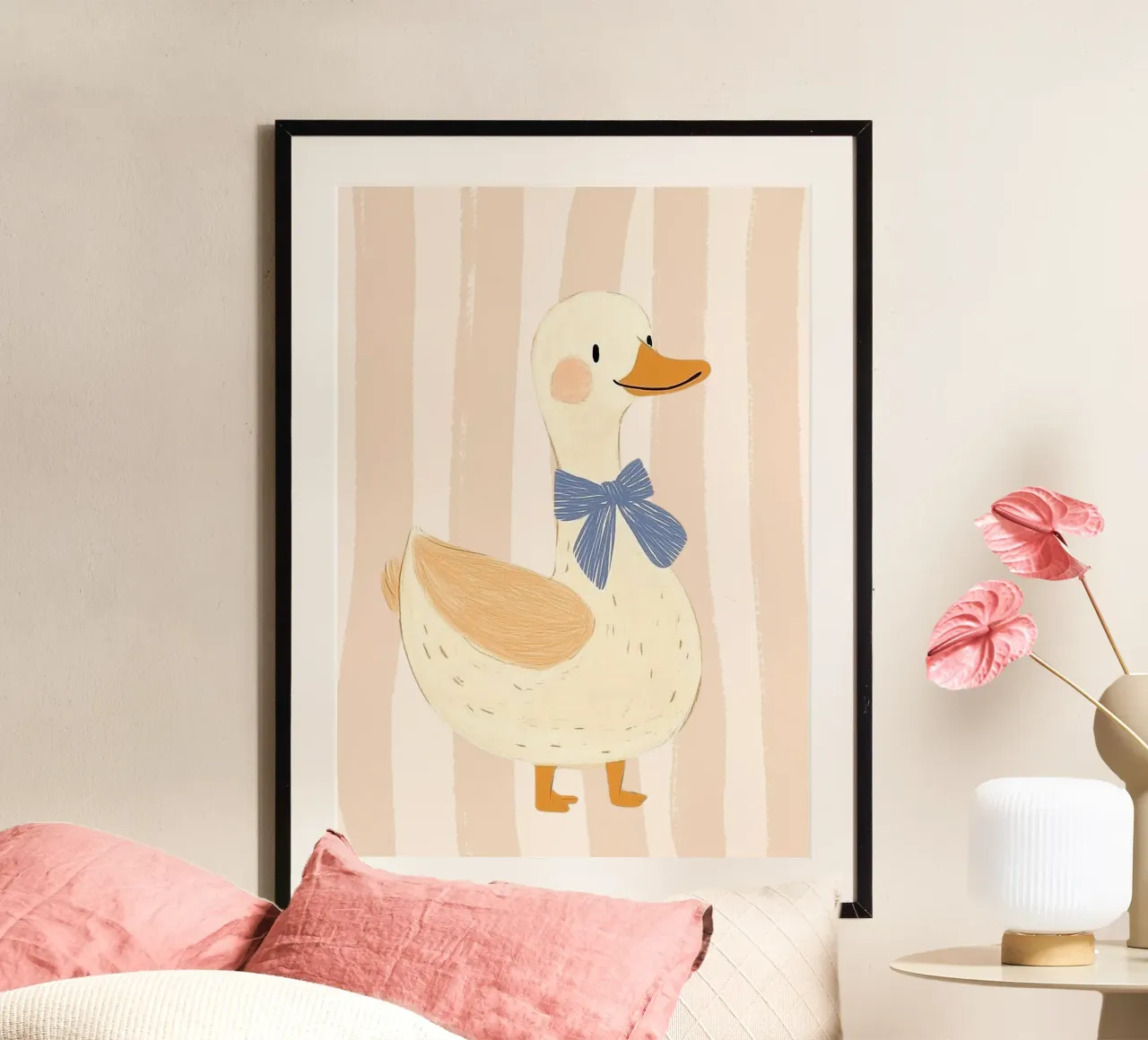 Simpatica anatra con papillon blu - Arte da parete per la cameretta poster con telaio in legno da vintagepod