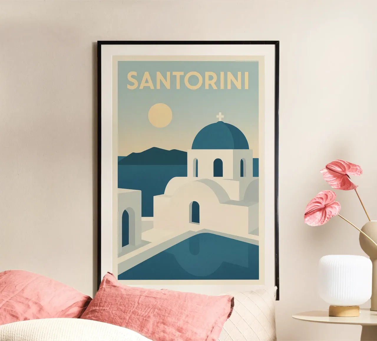 Santorini - Poster d'epoca delle cupole blu al sole poster con telaio in legno da JETLAG | affiches voyage
