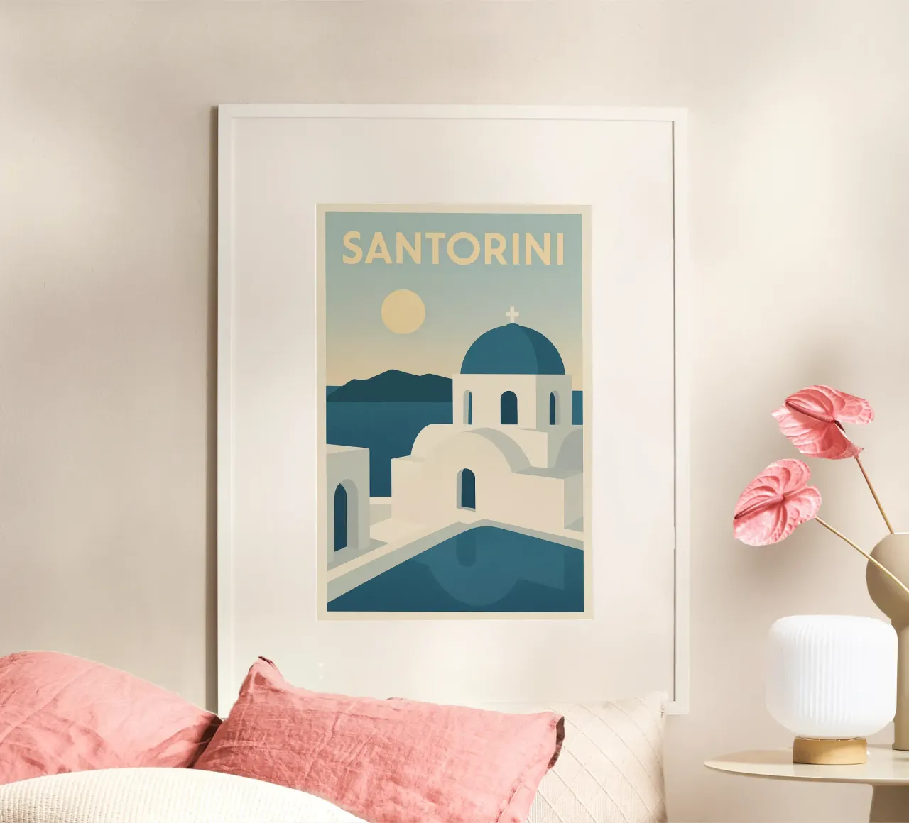 Santorini - Poster d'epoca delle cupole blu al sole poster con telaio in legno da JETLAG | affiches voyage