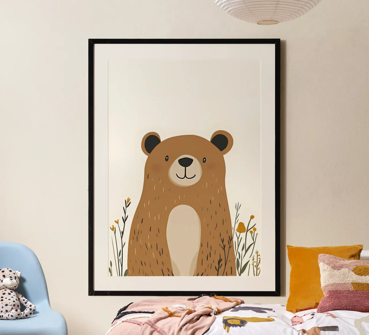 Lachende beer in wilde bloemen - Woodland Nursery Art poster van vintagepod