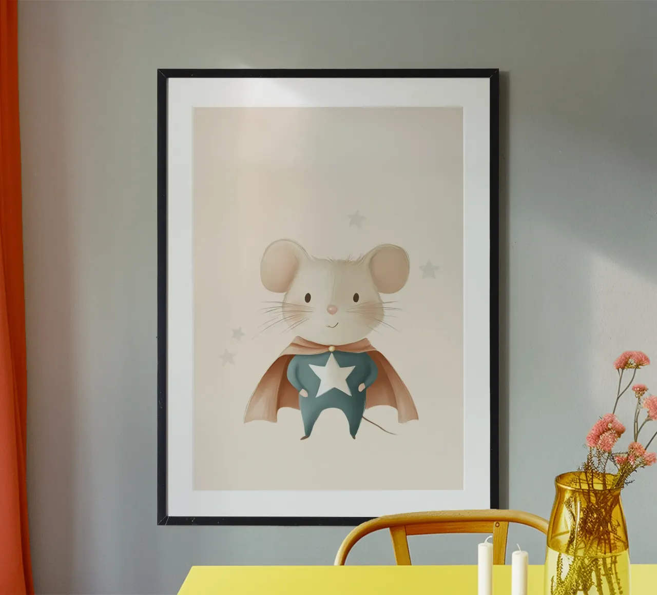 Stampa d'arte di un simpatico topo supereroe - Vivaio di stelle poster con telaio in legno da vintagepod